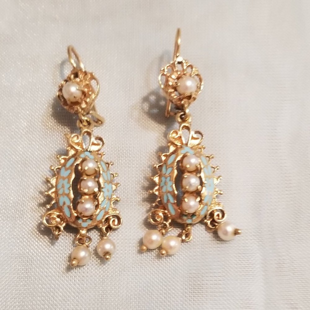 Absolutely Gorgeous Vintage 14k Gold Earrings with Pearl & Turquoise Accents